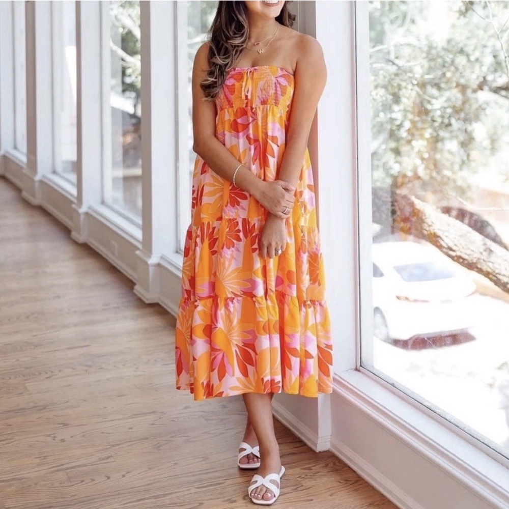Abel the Label Anthropologie Floral Strapless Midi Tiered Midi Dress Medium
